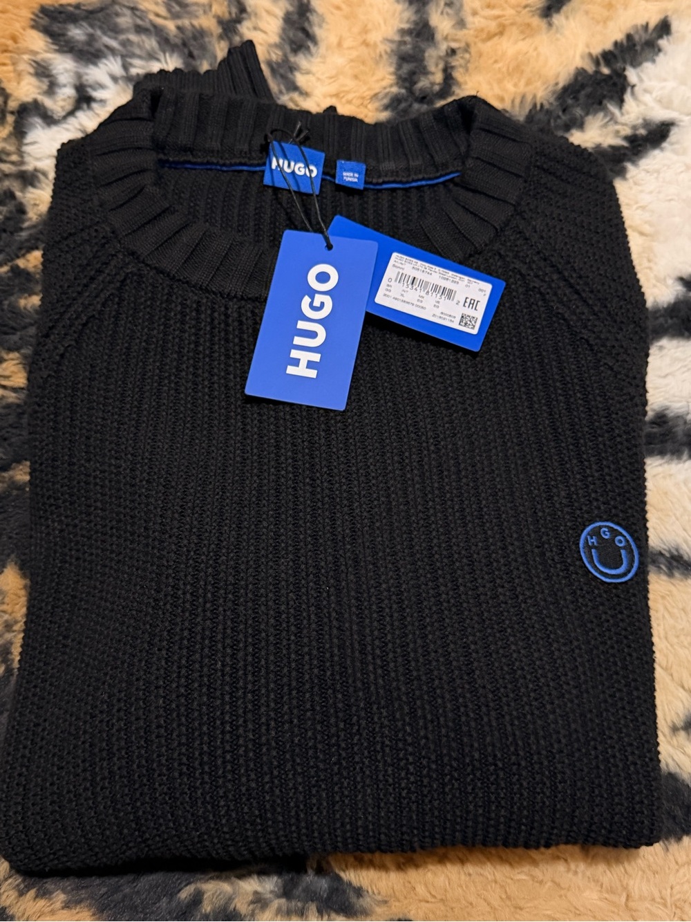 Hugo Boss Black Ribbed Crewneck Sweater with Blue Logo